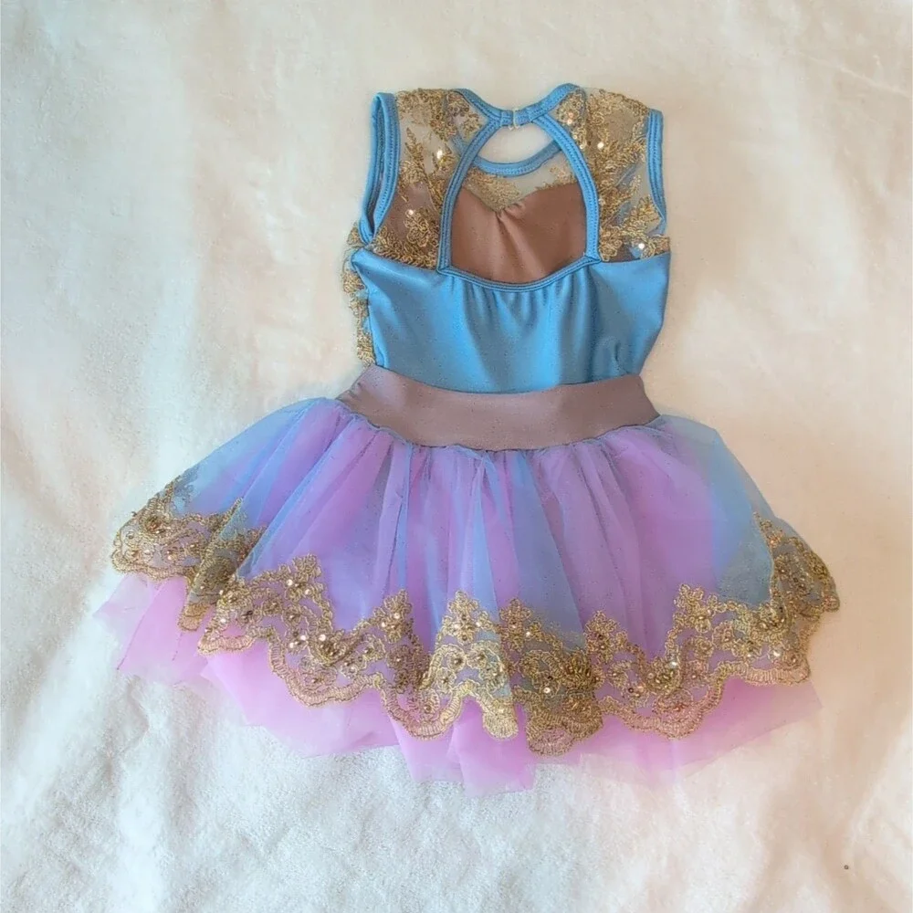 Blue Purple Ombre Tutu Dance Dress - Gold Sequin Lace Royalcore Fairy Costume SC